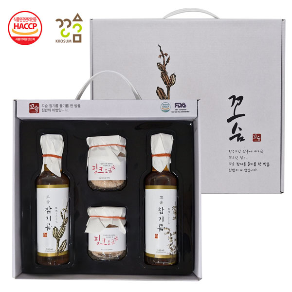 [꼬숨식품] 저온압착 참기름 4종세트(참기름2+핑크솔트2)(수입산)